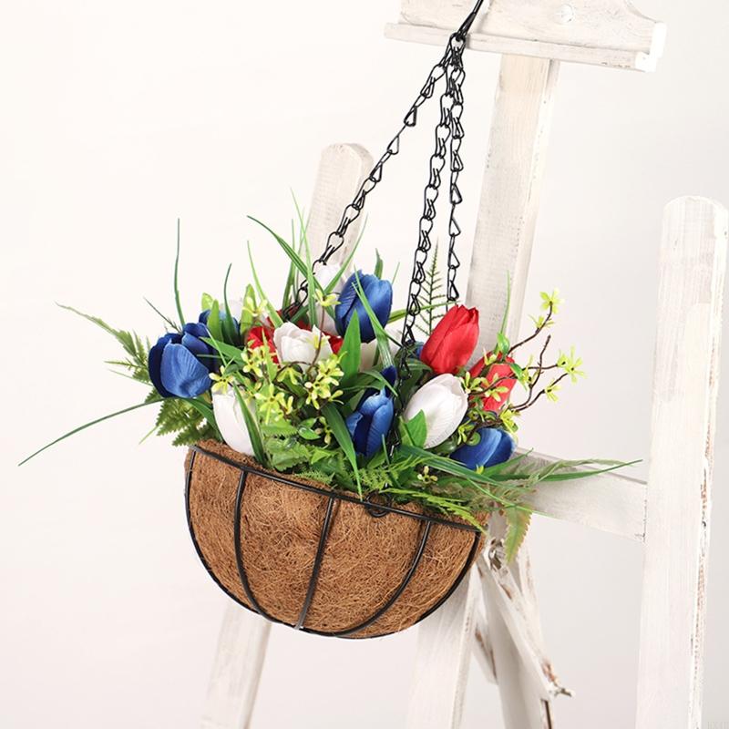 KX4B Metal Coir Hanging Basket Red White Blue Tulip Flower Pot Holder for Indoor Outdoor Garden Yard Decoration Gift