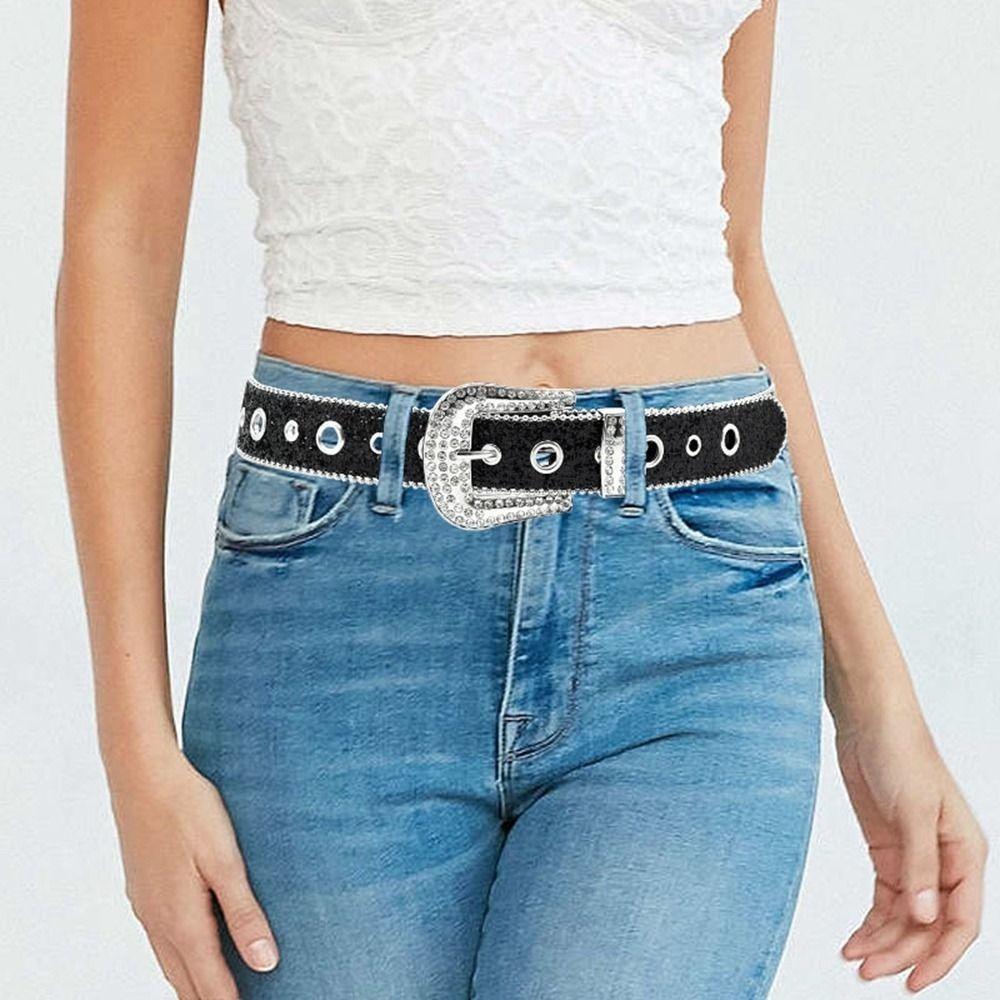 Beads Bordered Shiny Wide Belt Solid Color Women PU Belt Vintage Rhinestone Waistband  Ornament