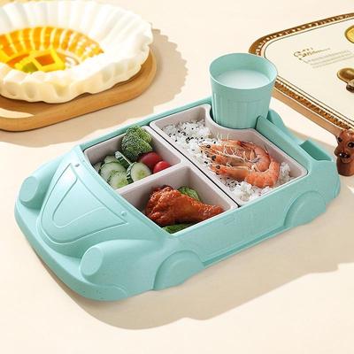 Car-Shaped Bamboo Fiber Children's Plate with Three Compartments & Water Cup - Durable, Anti-Fall Design for Baby Meals