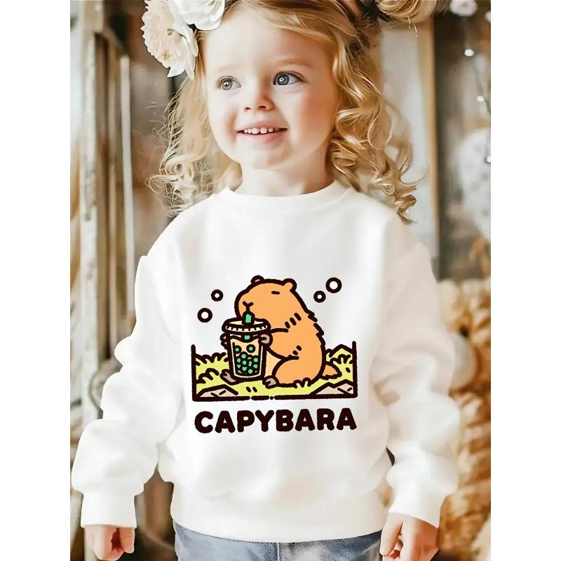 European sizes Girls Crewneck Sweatshirt - Capybara Holding Bubble Tea Cup, Sportswear And Casual Wear, Soft And Comfortable 110 белый
