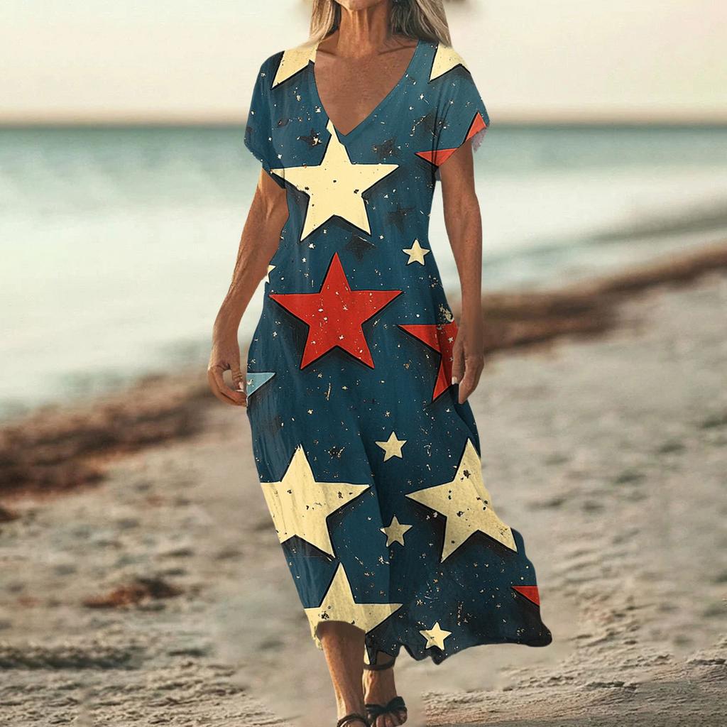 Sommerkleid Damen Lang Strandkleid Elegantes Kleid V-Ausschnitt Kurzarm Sommerkleid Leicht Luftig