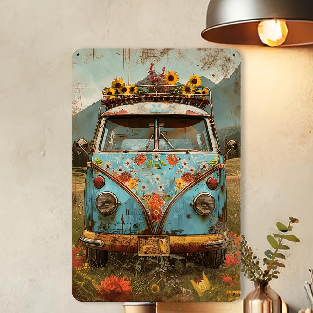 Vintage Floral Bus Metal Tin Sign, Iron Wall Decor for Gym, Cafe, Garage, Restaurant, Home, Bedroom - Indoor & Outdoor Retro Flo
