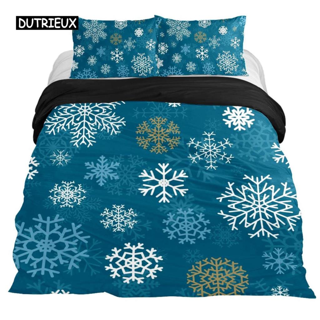 Snowflake Duvet Cover Set Winter Theme Christmas Illustration Cold Weather Season Twin Bedding Set King Size Soft Quilt Cover