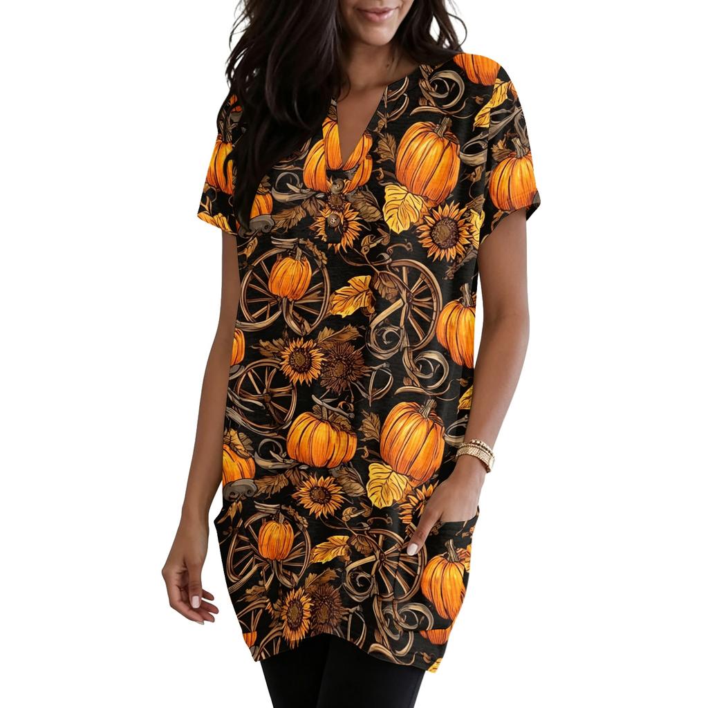 Women's Halloween V-Neck Short Sleeve T-Shirt with Pocket, Pullover Top, Printed Graphic Tee