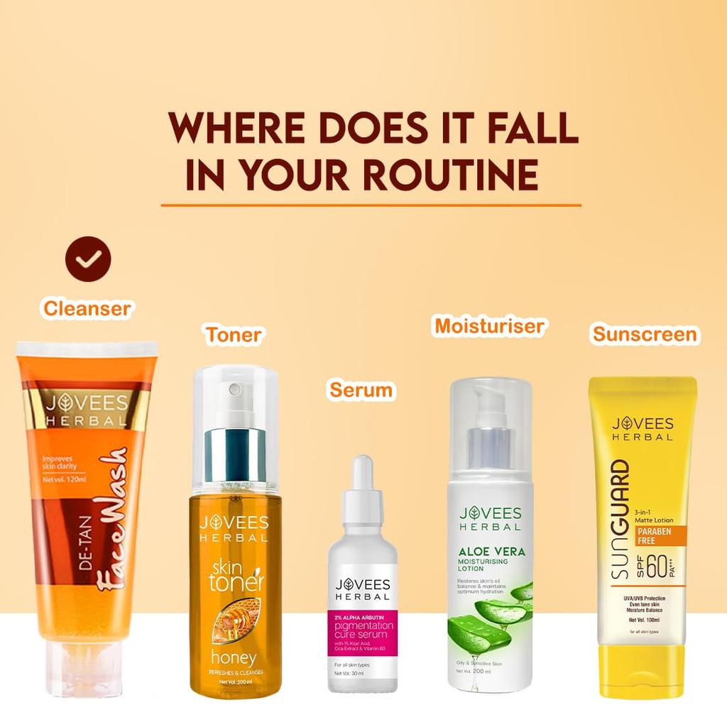 Jovees Herbal Detan Face Wash 120ml | Gentle Cleanser For Tan Removal, Bright Skin, Even Tone & Hydration | Suitable For All Skin Types