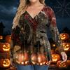 Damen Plus Size Langarm V-Ausschnitt Bluse mit Halloween-Print Lässiges Tunika-Oberteil für den Herbst