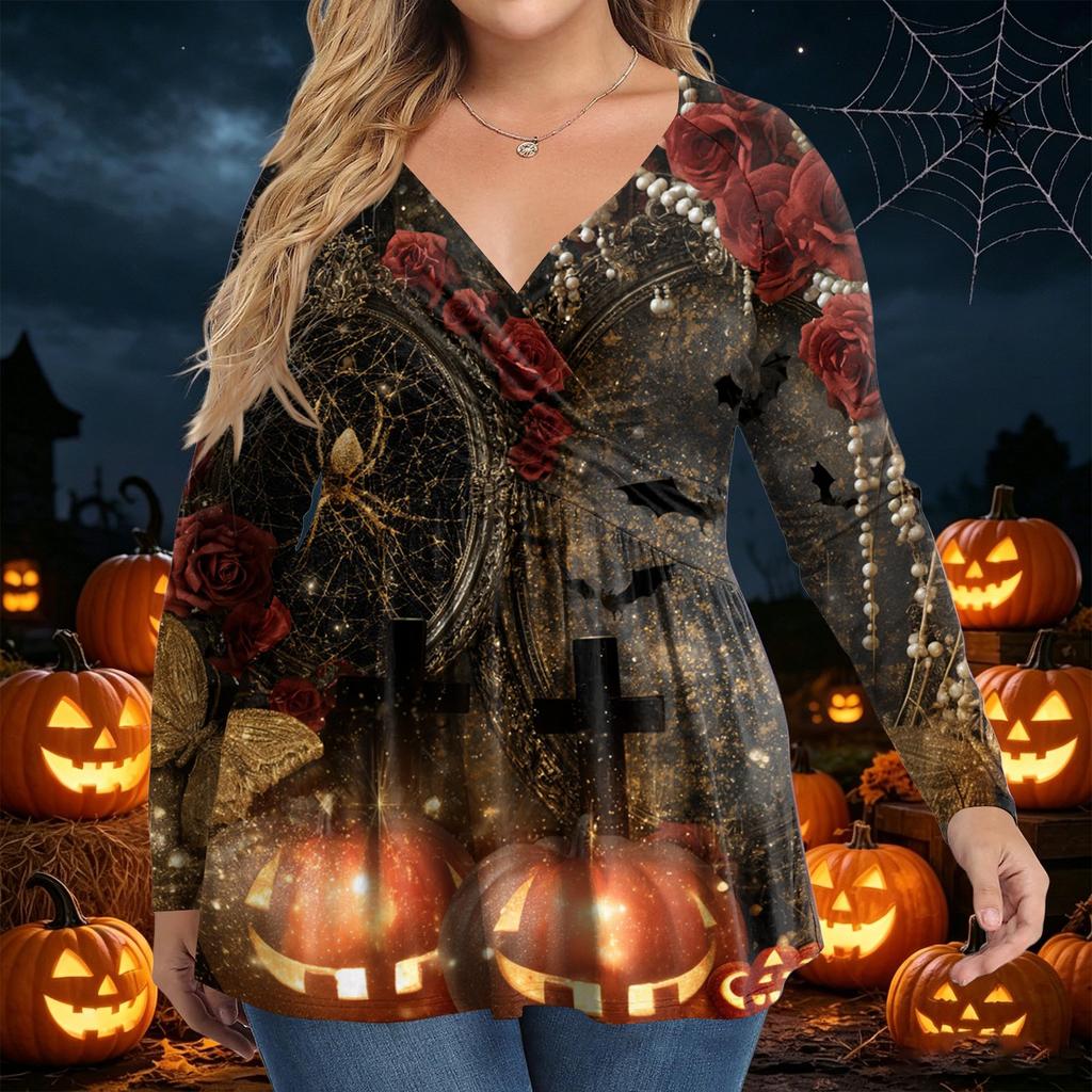 Damen Plus Size Langarm V-Ausschnitt Bluse mit Halloween-Print Lässiges Tunika-Oberteil für den Herbst