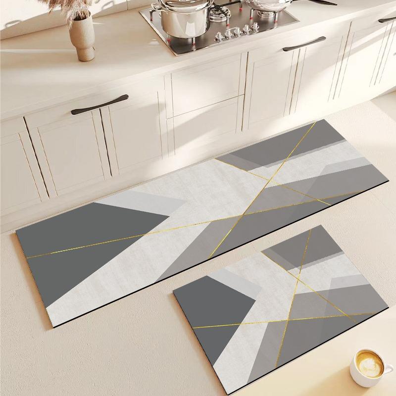 Kitchen Floor Mat Anti-slip Oil-proof Carpet Pvc Leather Foot Mats Gray Geometric Long Strip Rug Modern Style Home Decor Rugs