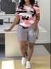 1116 new casual sports style digital printing shoulder sleeve T-shirt high waist tight shorts fashion suit women