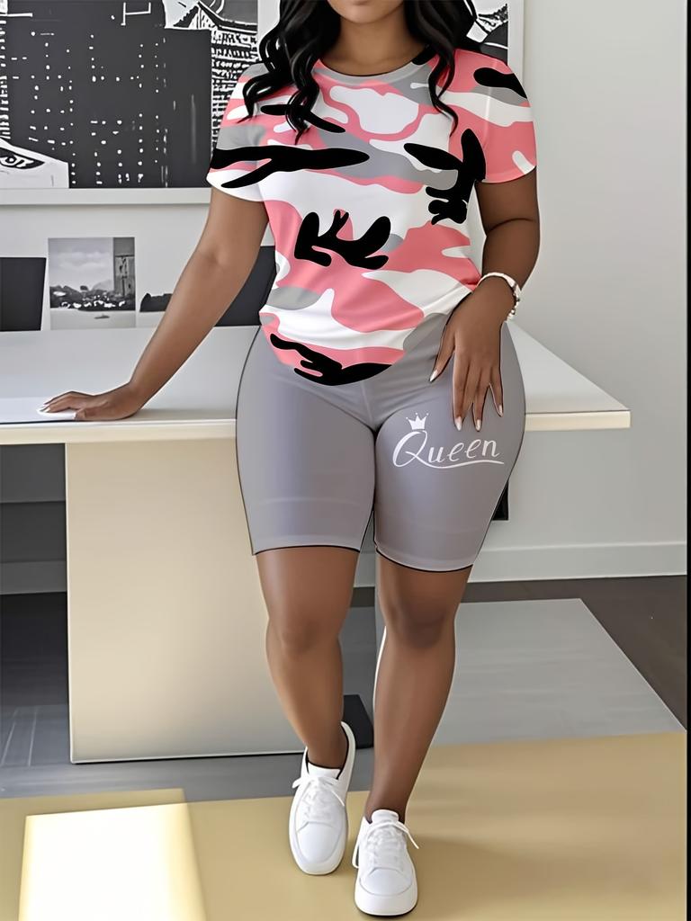 1116 new casual sports style digital printing shoulder sleeve T-shirt high waist tight shorts fashion suit women