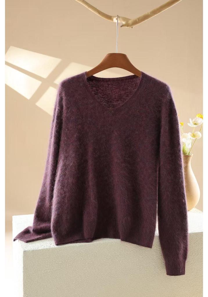 Women's V-Neck Loose Fit Brushed Cashmere Sweater - Autumn/Winter Collection, Seamless Solid Color, Soft and Skin-friendly.