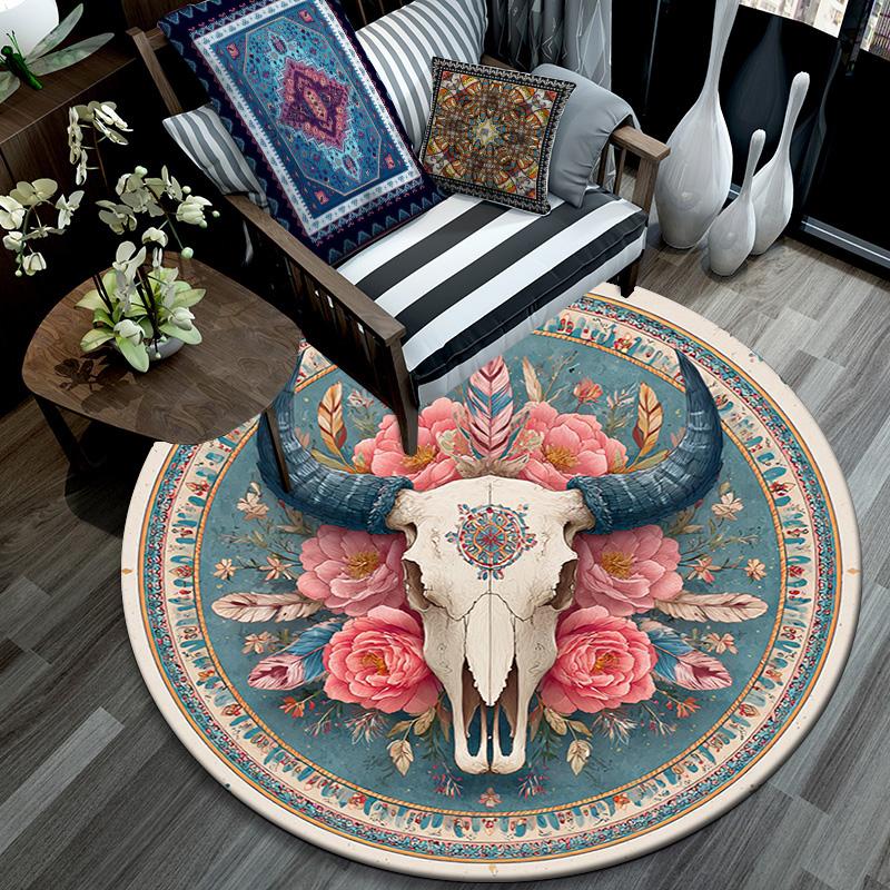Bohemian Buffalo Skull Round Area Rug,Carpet Rug for Living Room Bedroom Sofa Playroom Decor,Non-slip Floor Mat