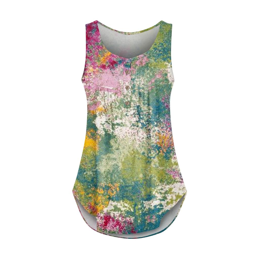 Women's Fashion Floral Printing Pleated Sleeveless Casual T-shirt Vest Button Top