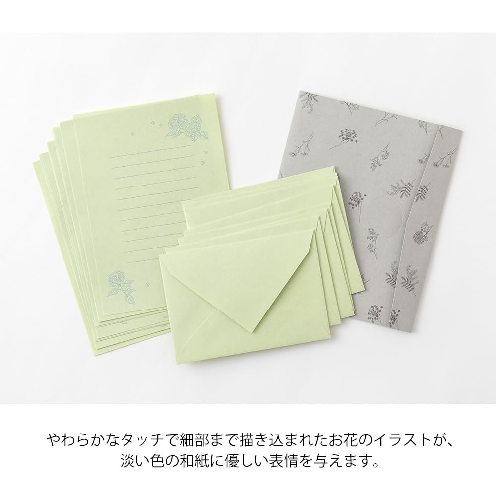 Midori Letter Floral Washi Paper with Paper 86931006 Set, Case, Green,