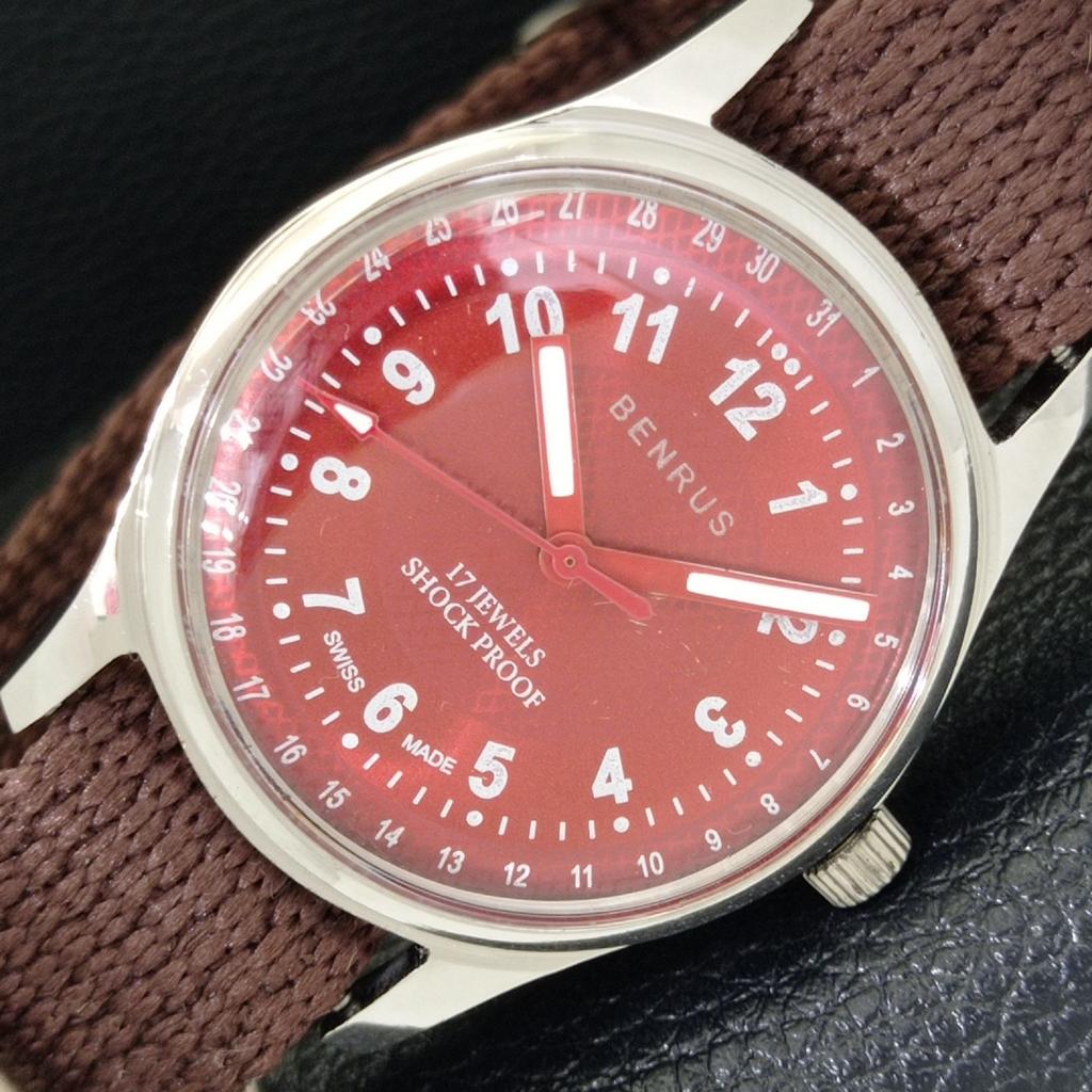 

ВИНТАЖНЫЕ ЧАСЫ BENRUS С РУЧНЫМ ЗАВОДОМ, ШВЕЙЦАРСКИЕ, МУЖСКИЕ, С ЦИФЕРБЛАТОМ КРАСНОГО ЦВЕТА a500452-2 R151c-a500452