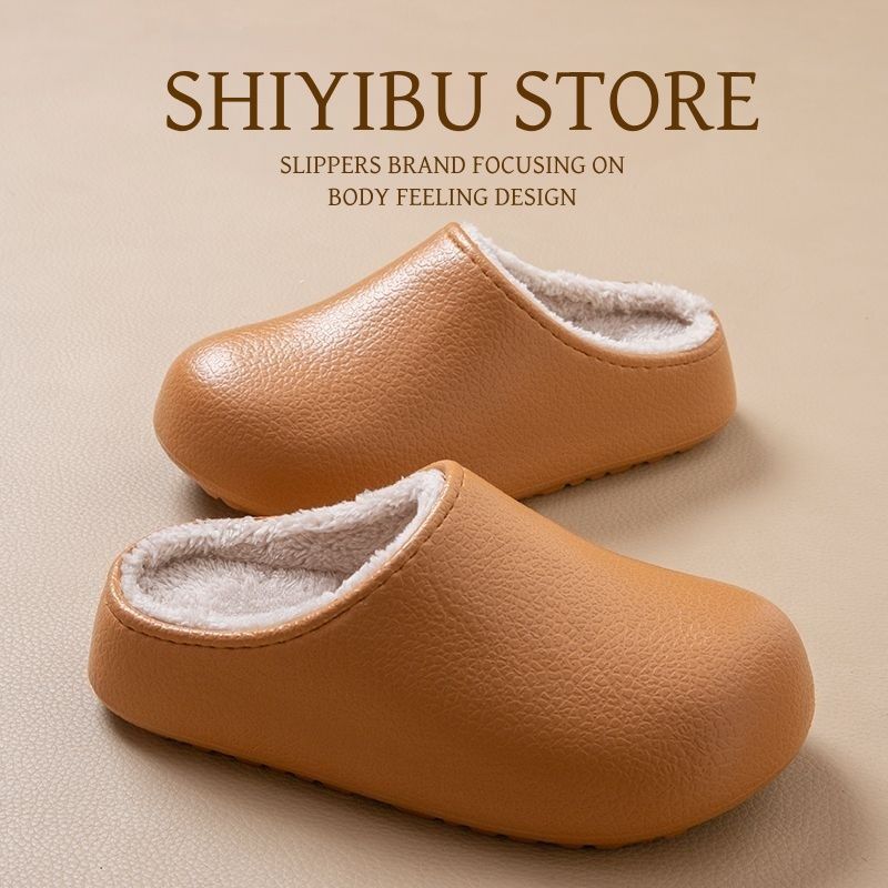 Waterproof leather bag head cotton slippers women's autumn and winter velvet warm thick bottom non-slip couple fluff drag indoor and outdoor wear