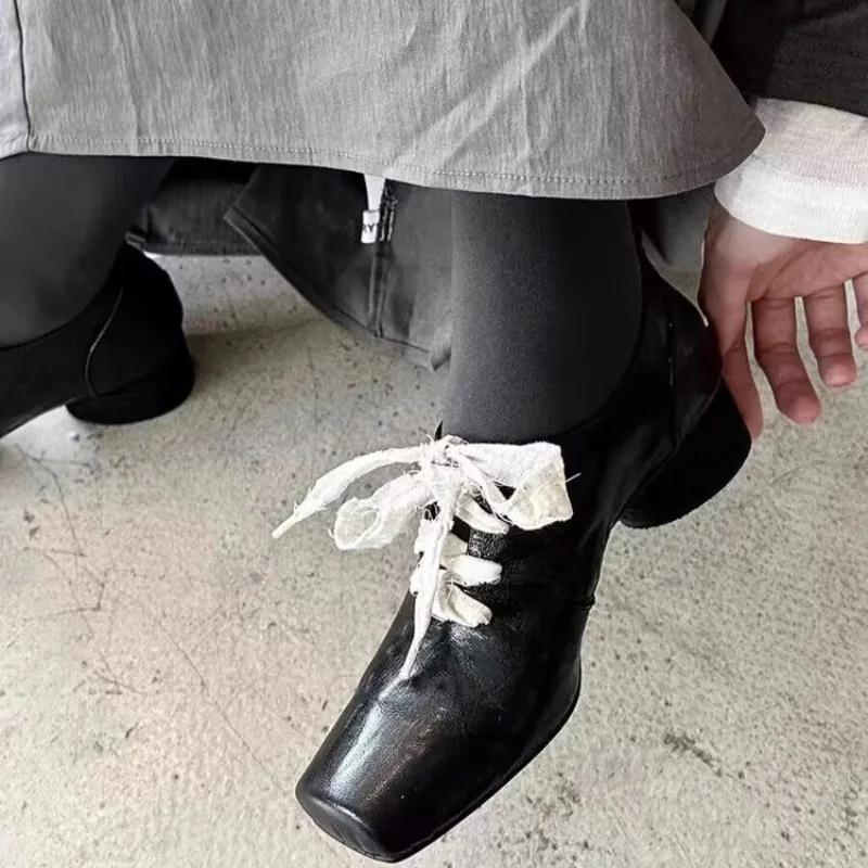 Women's Fashion Thick Heel Shoes Spring New Square Head Front Lacing Anti-slip Wear-resistant High Heels