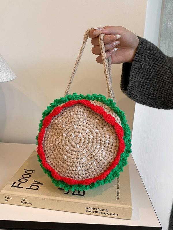 Knit Cute Hamburger Mini Shoulder Bag With Zipper Closure For Casual Travel