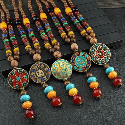Vintage Nepal Long Buddhist Mala Wood Beaded Pendant & Necklace Ethnic Bohemian Boho Buddha Lucky Jewelry for Women Men
