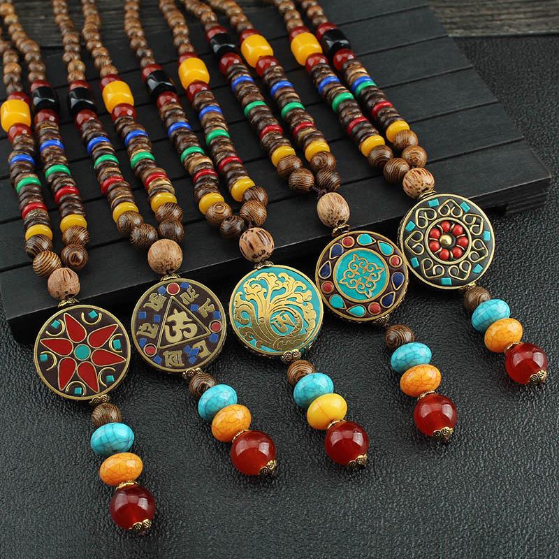 Vintage Nepál Dlouhá Buddhistická Mala Dřevěný Korálkový Přívěsek & Náhrdelník Etnický Bohemian Boho Buddha Šťastné Šperky pro Ženy Muže