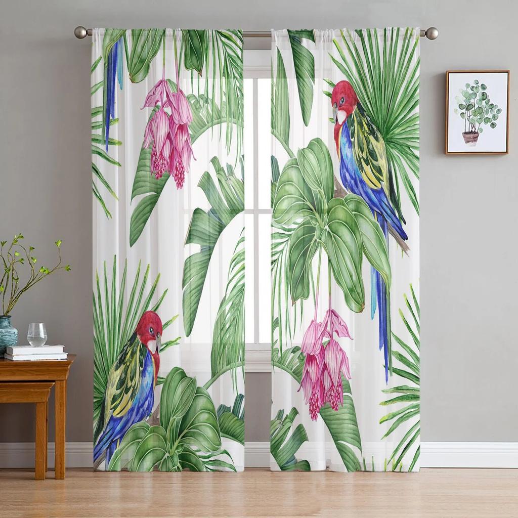 Toucan Flower Fruit Tropical Pineapple Map Tulle Curtain For Living Room Bedroom Modern Sheer Curtains Decor Window Treatment