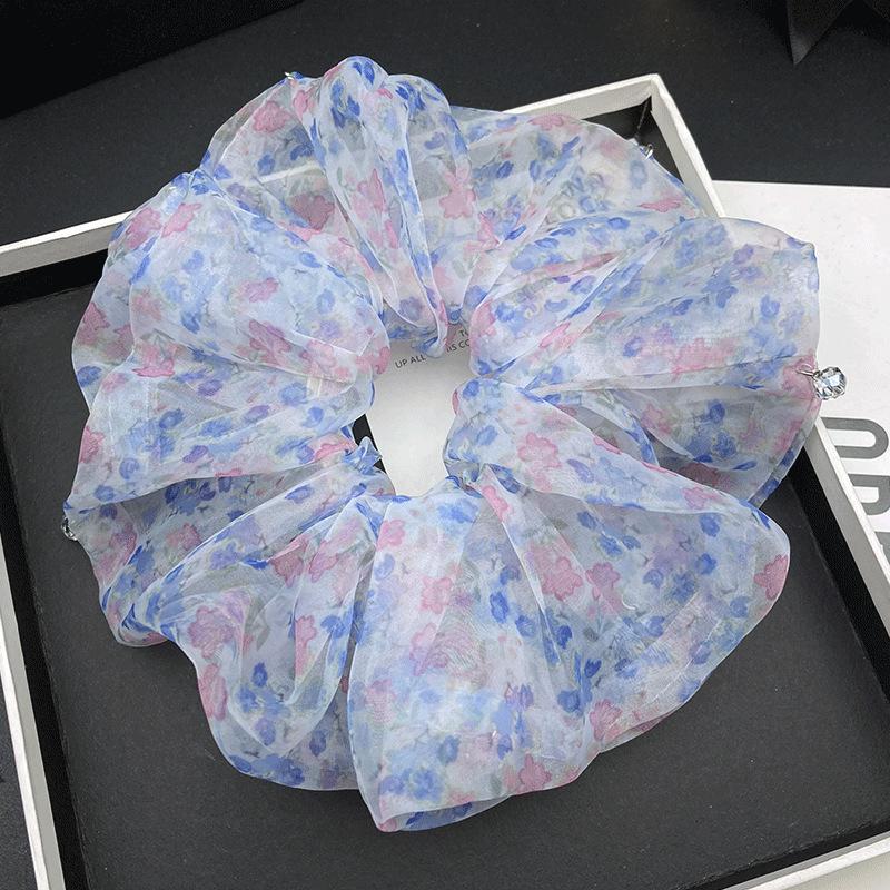 Korean Organza Floral Beaded Scrunchie for Ponytails