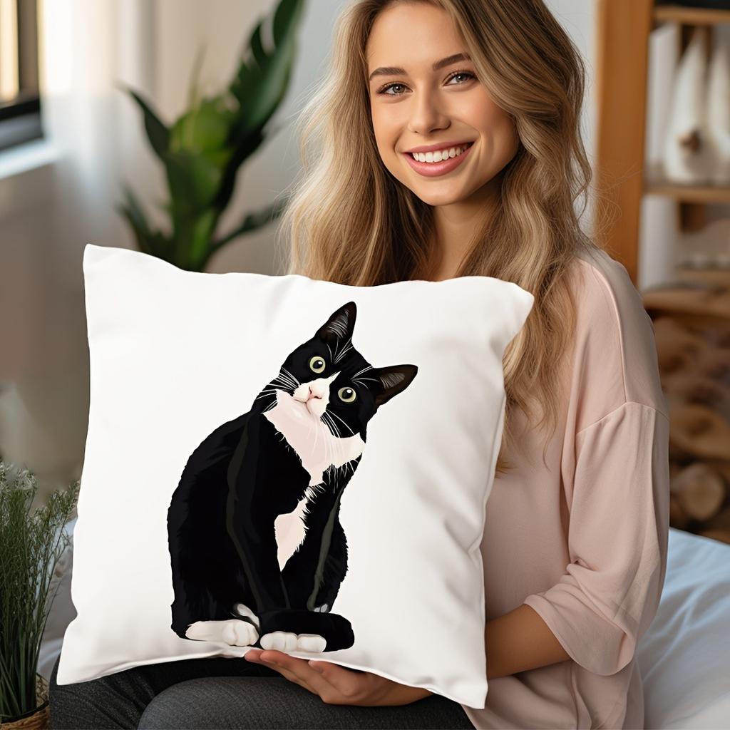 1, realistic black cat painting, peach muscle velvet pillowcase.