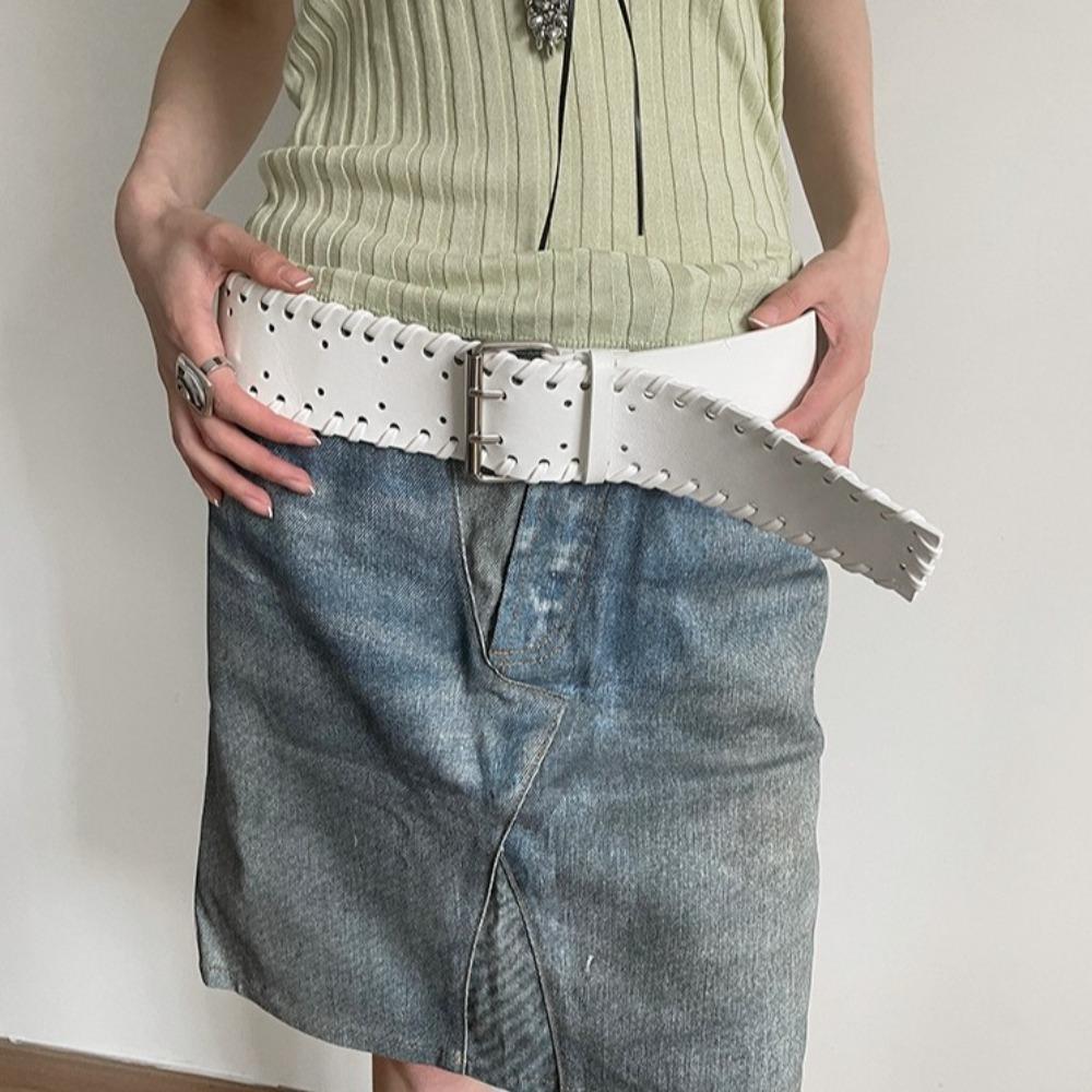 Korean Style PU Leather Waistband Woven Western Cowboy Belt Fashion Women Wide Belt  Spicy Girl