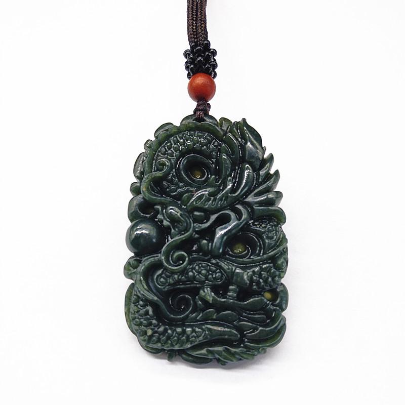Hetian Green Jade Dragon Pendant Necklace - Exquisitely Carved Soaring Zodiac Dragon Charm Medium