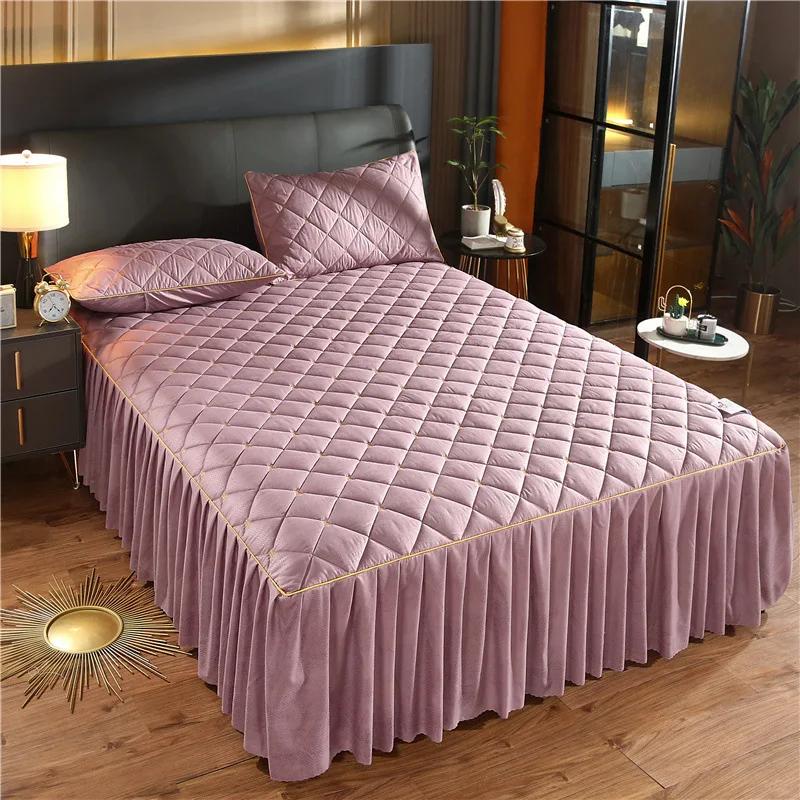 Luxury Quilted Bed Skirt Winter Warm Thicken Velvet Bedspread King Good Hand Feeling Bed Cover Not Included Pillowcase