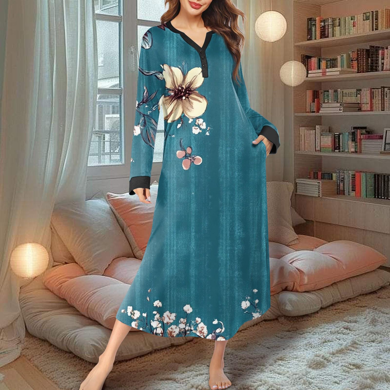 

Жіноча нічна сорочка, модна довга піжама з принтом і V-подібним вирізом, сукня з кишенями XXXXL Темно-синій