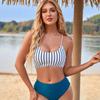 Women Triangle Split Bikini Set Tie Side G-String Thong Swimsuit Striped Beach Sling Strap Solid Color Pant