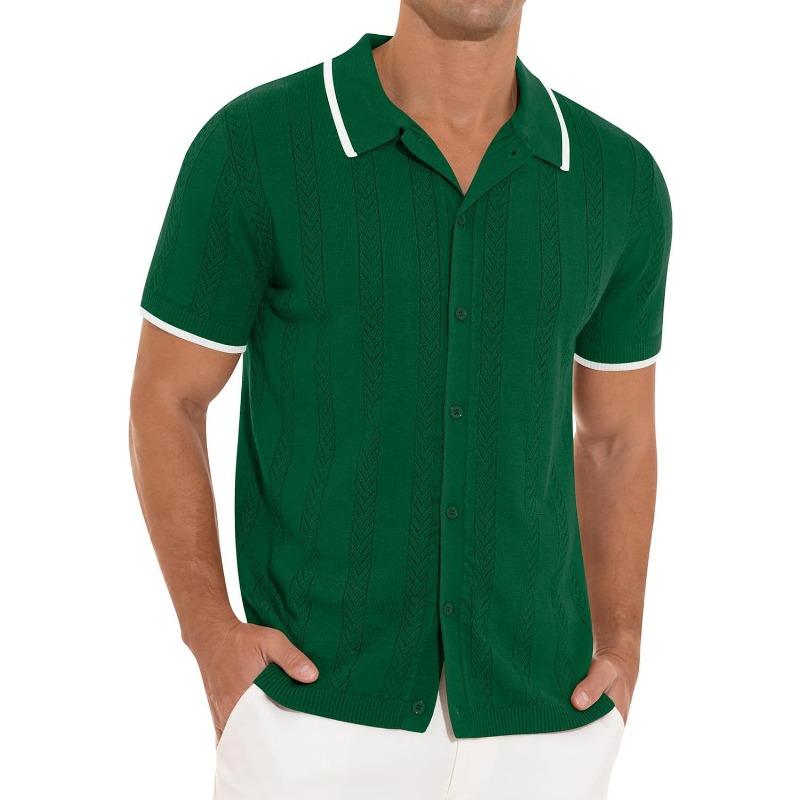 Mens Short Sleeve Knit Polo Shirt Color Block Contrast Collar Button Down Textured Casual Top For Summer