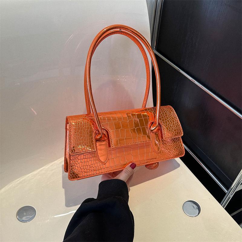 Женская сумка в стиле ретро, высококачественная текстура лакированной кожи, блестящая поверхность, крокодиловый узор, сумка-палка на подмышку, ручная сумка на одно плечо, маленькая сумка оранжевый