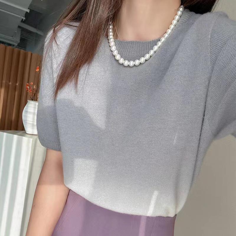 

Женские топы, градиентный цвет, вязаный свитер с короткими рукавами и круглым вырезом, свободная нижняя рубашка One size серый