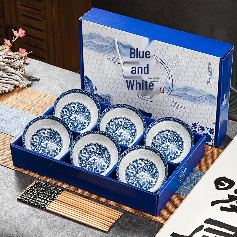 Японский стиль Синяя миска с цветами сакуры и набор палочек для еды