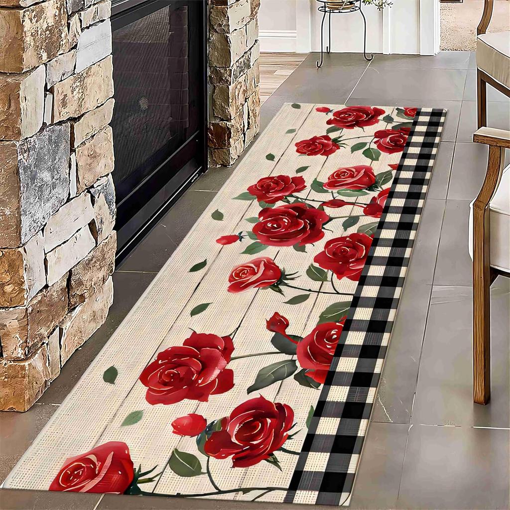 VIKAMA Valentine's Day Runner Rug Romantic Heart-Patterned Corridor Mat Kitchen Floor Mat Bedroom Non-Slip Rug Home Decor
