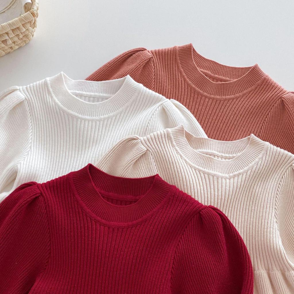 Korean-Style Puff Sleeve Sweater for Girls, 0-5 Years, Autumn Fashion, Knitted Top AY636
