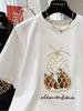 Women's Plus Size Heavy Duty Pineapple Embroidery Short Sleeve Fleece T-shirt for Spring/Summer