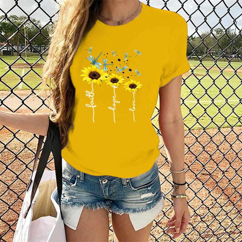 Hope Faith Love Sunflower 3D Printed Women's Short Sleeve Round Neck Summer T-shirt