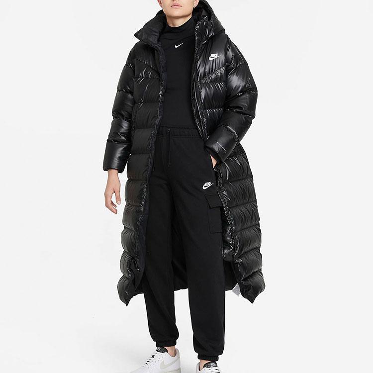 Nike Logo Print Solid Color Warm Long Hooded Down Jacket Women Outerwear Black DH4082-010
