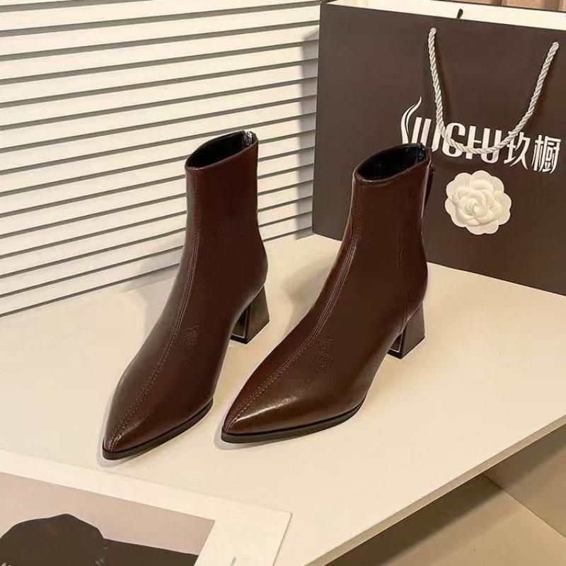 High Heel Boots Thick Heel Pointed Fashion Boots Women's Autumn and Winter New Versatile Women's Boots Rear Zipper Short Boots Women's