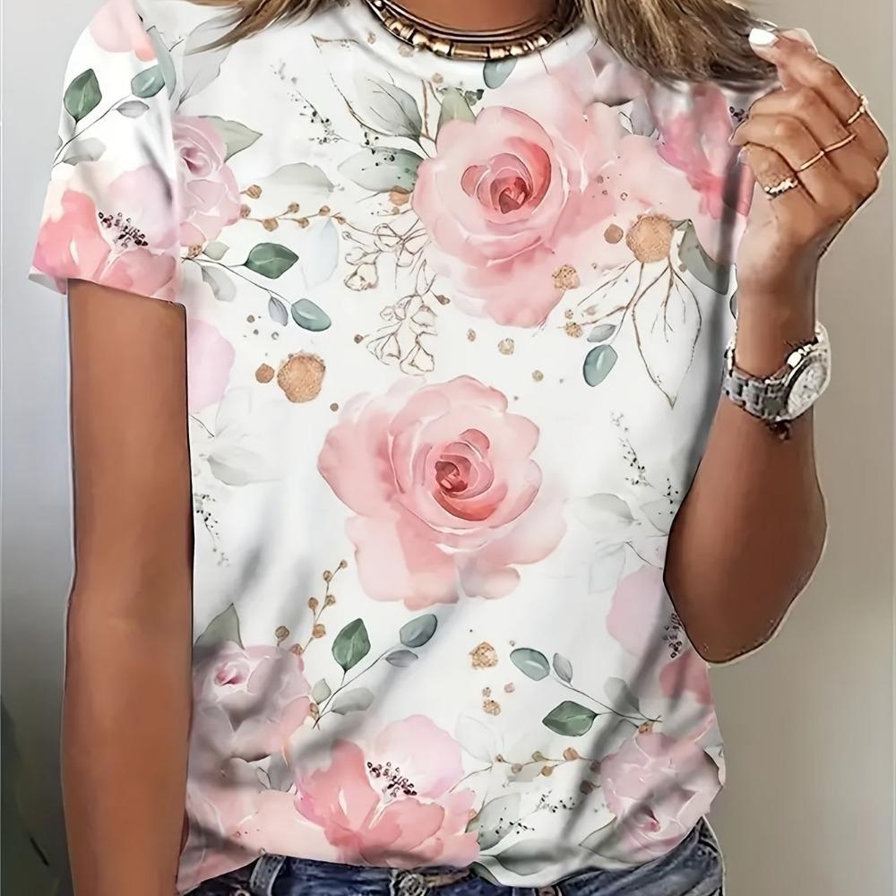 Elegant, Fashionable And Fresh Floral Print Summer Round Neck Women's Slim T-shirt Summer Casual Versatile Women's 2K Top