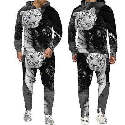 Zwart en Wit De Tijger 3D Geprint Heren Sweatshirt Hoodies Set Heren Leeuw Trainingspak/Trui/Broek Sportkleding Lente Herfst