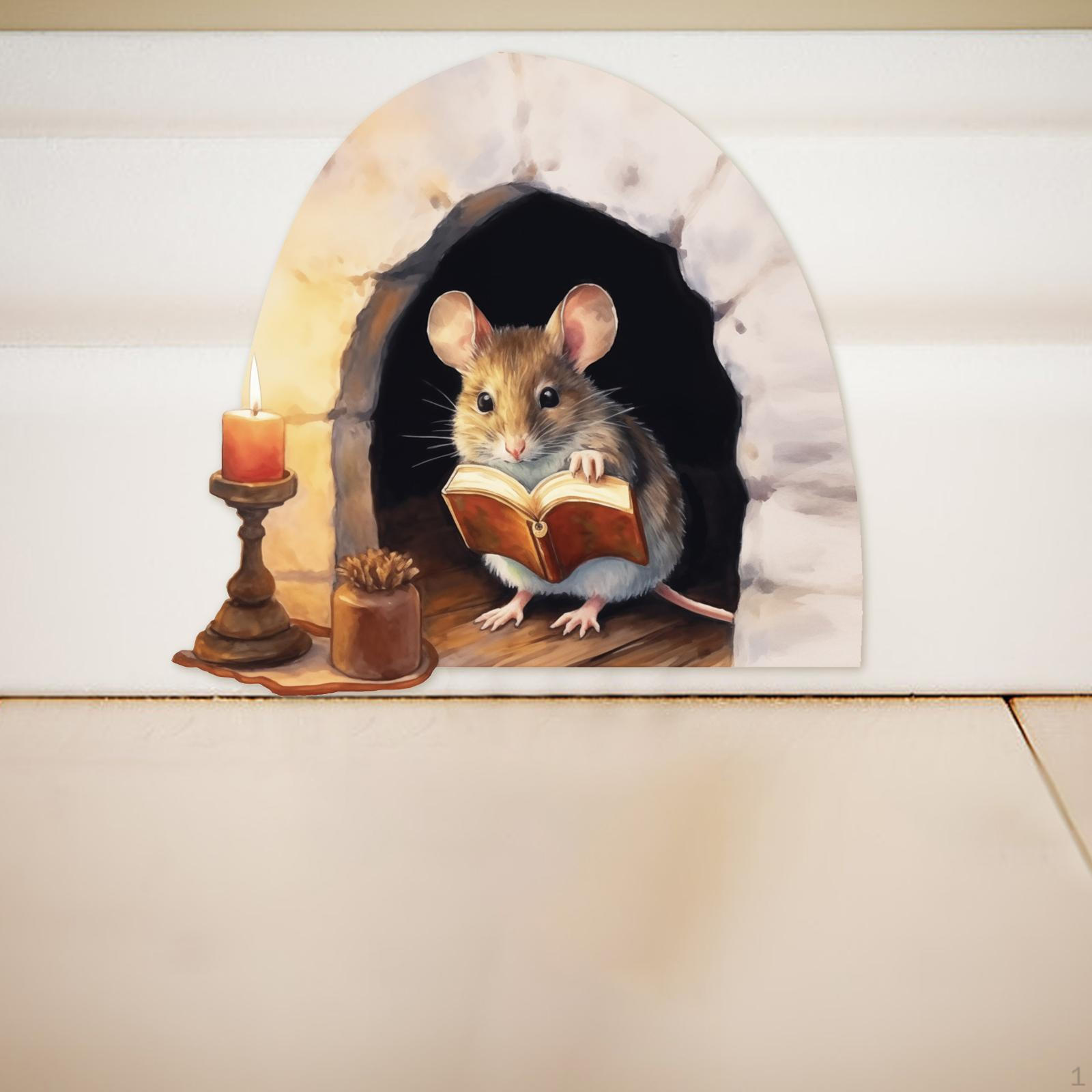 

Mouse Reading Book in Hole Wall Sticker Decal PVC Wallpaper Indoor Art Mural for Cabinet