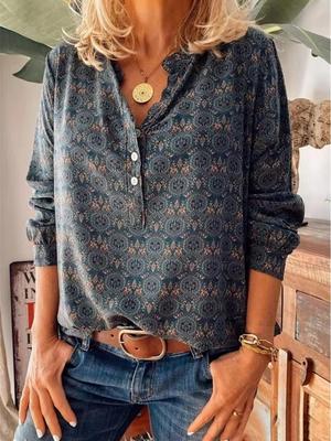 2025 Spring Retro Print Stand Collar Long Sleeve Women's Casual Shirt