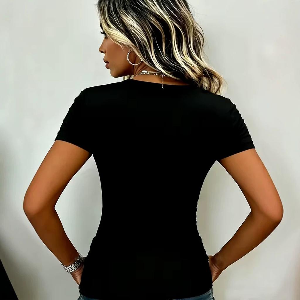 Summer new women's casual V-neck metal strap design short-sleeved T-shirt