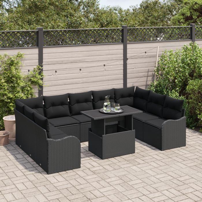 Ensemble de canapé de jardin de 10 pièces avec coussins Rotin poly noir, Canapé de jardin 2 places avec rangement et 3357266