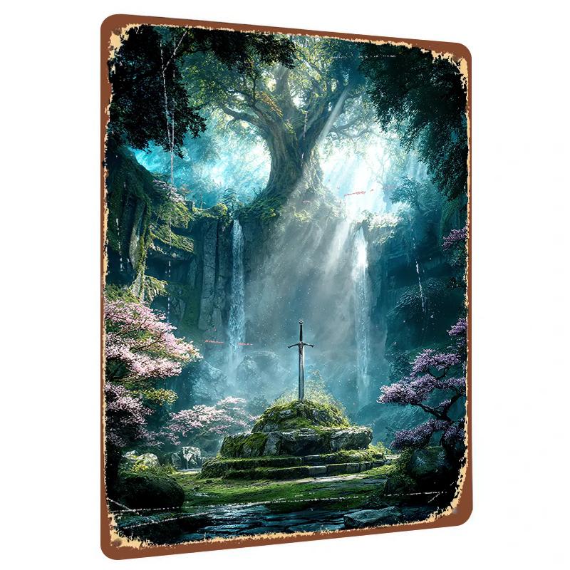 

Enchanted Forest Waterfall Sword Metal Wall Art Customizable Home Decor Gift for Fantasy Lovers 20x30cm（7.8x11.8inch）