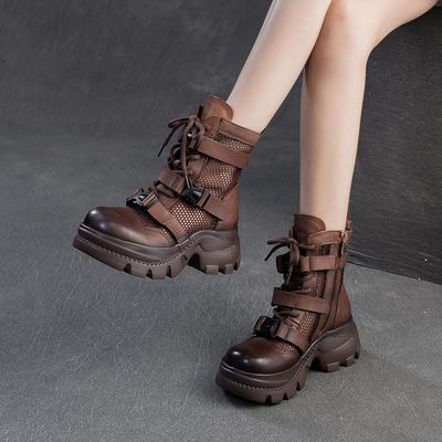 Thick Soled Hollow-out Breathable Mesh Summer Boots Retro Genuine Leather Versatile Women's Platform Shoes